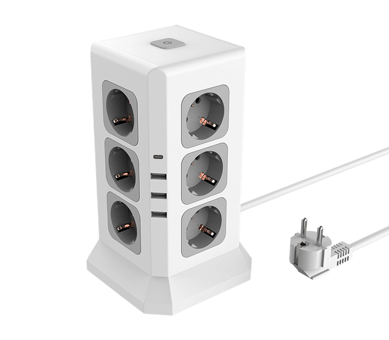 نوار برق چند منظوره سیمی E11 با 12 پریز به سبک اروپایی، 3 پورت USB-A و 1 پورت USB-C، دارای سوئیچ