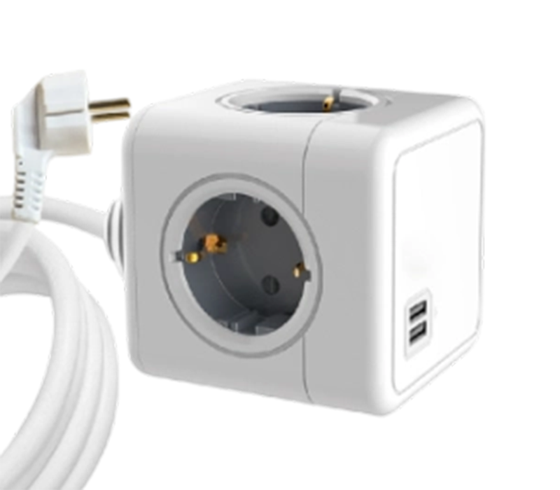 نوار برق مکعب سیمی E04A با 4 پریز به سبک اروپایی و 2 پورت USB-A