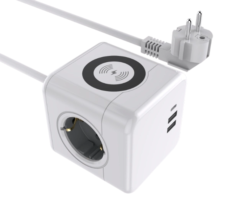 نوار برق مکعب سیمی E07 دارای 3 پریز به سبک اروپایی، 2 پورت USB-A و 1 پورت USB-C