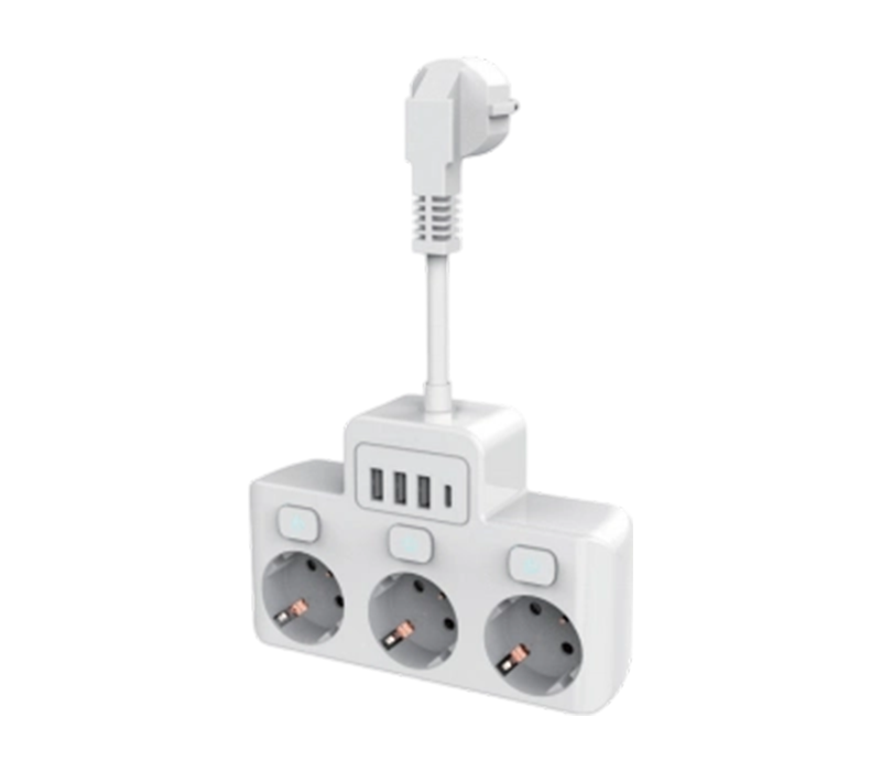 نوار برق سیمی E14 با 3 پریز به سبک اروپایی، 3 پورت USB-A و 1 پورت USB-C، با سوئیچ مستقل