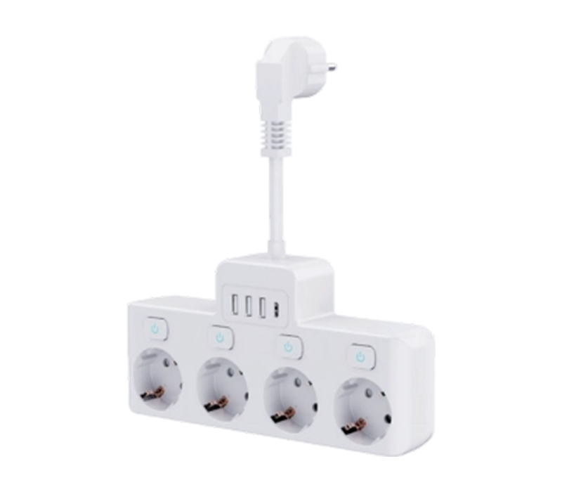 نوار برق سیمی E14-4 با 4 پریز به سبک اروپایی، 3 پورت USB-A و 1 پورت USB-C، با سوئیچ مستقل