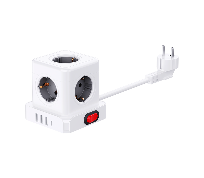 نوار برق مکعب سیمی E23 با 5 پریز به سبک اروپایی، 3 پورت USB-A و 1 پورت USB-C، با سوئیچ